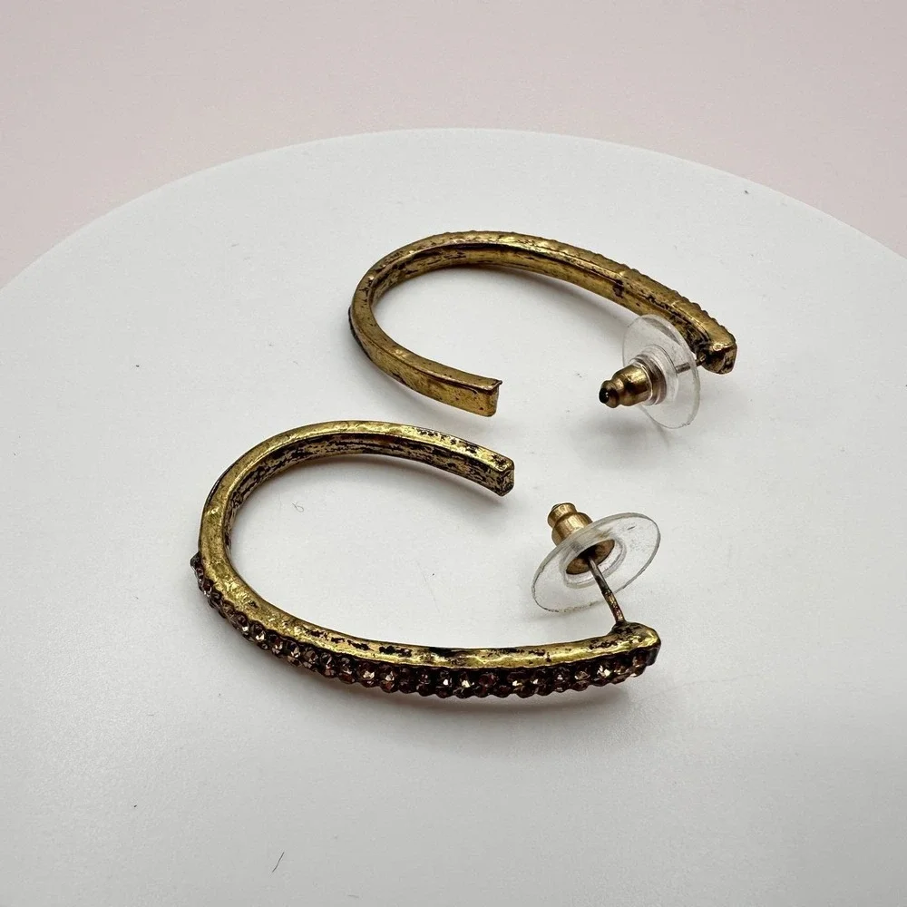 Vintage 90s Gold Tone Oval Hoop Earrings Champagne Glass Accents Style‎ Fashion